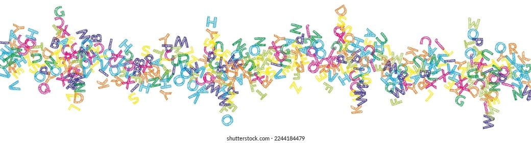 Falling letters of English language. Colorful sketch flying words of Latin alphabet. Foreign languages study concept. Delightful back to school banner on white background.