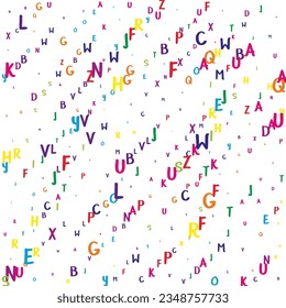 Falling letters of English language. Colorful childish flying characters of Latin alphabet. Foreign languages study concept. Back to school banner on white background.