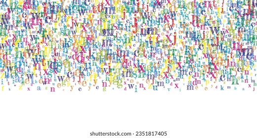 Falling letters of English language. Colorful childish flying characters of Latin alphabet. Foreign languages study concept. Back to school banner on white background.