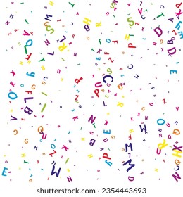 Falling letters of English language. Colorful childish flying characters of Latin alphabet. Foreign languages study concept. Back to school banner on white background.