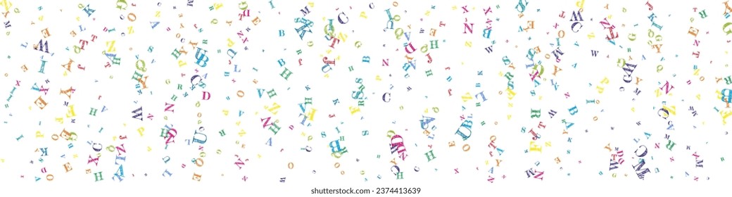 Falling letters of English language. Colorful childish flying characters of Latin alphabet. Foreign languages study concept. Back to school banner on white background.