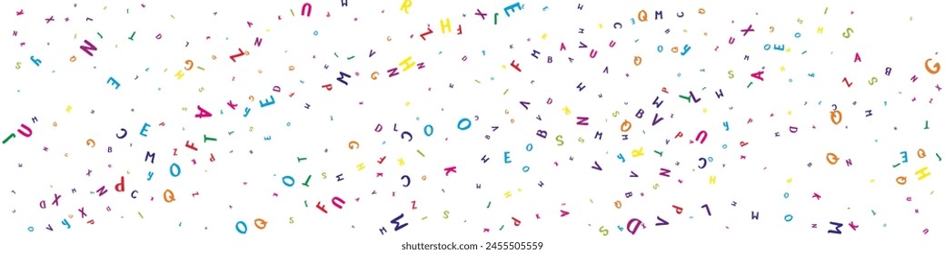 Falling letters of English language. Colorful childish flying characters of Latin alphabet. Foreign languages study concept. Back to school banner on white background.