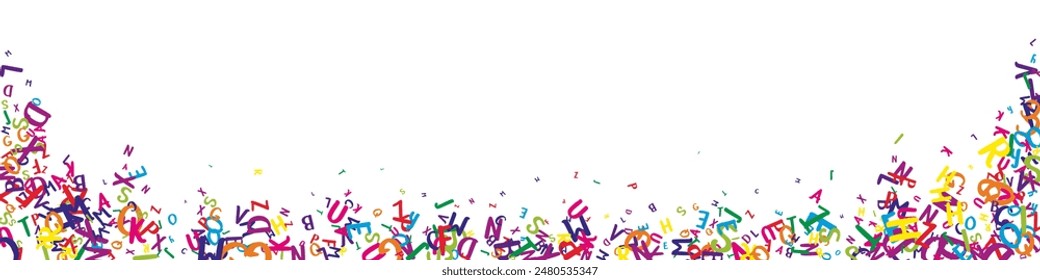 Falling letters of English language. Colorful childish flying characters of Latin alphabet. Foreign languages study concept. Back to school banner on white background.