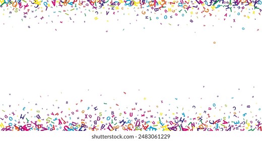 Falling letters of English language. Colorful childish flying characters of Latin alphabet. Foreign languages study concept. Back to school banner on white background.