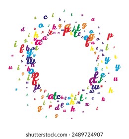 Falling letters of English language. Colorful childish flying characters of Latin alphabet. Foreign languages study concept. Back to school banner on white background.