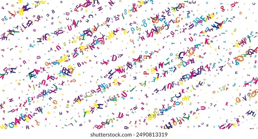 Falling letters of English language. Colorful childish flying characters of Latin alphabet. Foreign languages study concept. Back to school banner on white background.