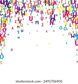 Falling letters of English language. Colorful childish flying characters of Latin alphabet. Foreign languages study concept. Back to school banner on white background.