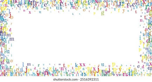 Letras descendentes da língua inglesa. Caracteres voadores infantis coloridos do alfabeto latino. Conceito de estudo de línguas estrangeiras. De volta ao banner da escola sobre fundo branco.