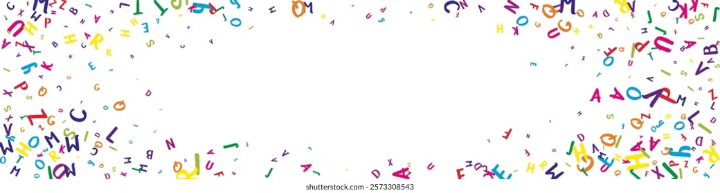 Falling letters of English language. Colorful childish flying characters of Latin alphabet. Foreign languages study concept. Back to school banner on white background.