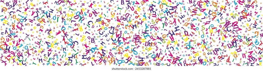 Letras descendentes da língua inglesa. Caracteres voadores infantis coloridos do alfabeto latino. Conceito de estudo de línguas estrangeiras. De volta ao banner da escola sobre fundo branco.