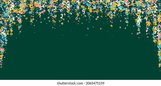 Falling letters of English language. Light flying words of Latin alphabet. Foreign languages study concept. Marvelous back to school banner on blackboard background.
