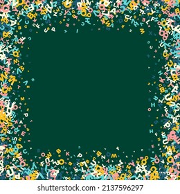 Falling letters of English language. Light flying words of Latin alphabet. Foreign languages study concept. Curious back to school banner on blackboard background.