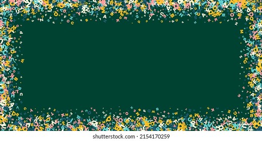 Falling letters of English language. Light flying words of Latin alphabet. Foreign languages study concept. Awesome back to school banner on blackboard background.