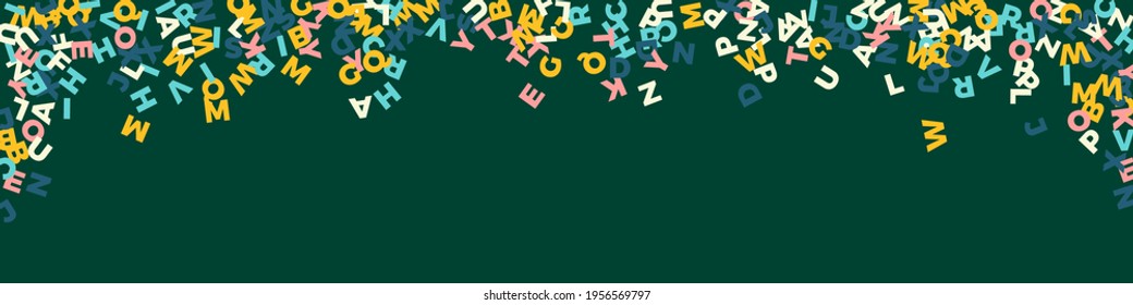 Falling letters of English language. Pastel flying words of Latin alphabet. Foreign languages study concept. Juicy back to school banner on blackboard background.