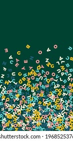 Falling letters of English language. Pastel flying words of Latin alphabet. Foreign languages study concept. Mind-blowing back to school banner on blackboard background.