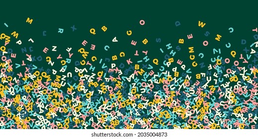 Falling letters of English language. Pastel flying words of Latin alphabet. Foreign languages study concept. Pleasant back to school banner on blackboard background.