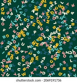 Falling letters of English language. Pastel flying words of Latin alphabet. Foreign languages study concept. Interesting back to school banner on blackboard background.