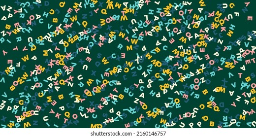 Falling letters of English language. Pastel flying words of Latin alphabet. Foreign languages study concept. Decent back to school banner on blackboard background.
