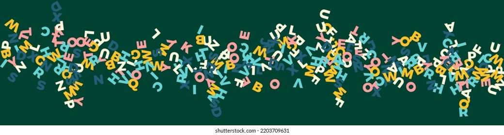 Falling letters of English language. Pastel flying words of Latin alphabet. Foreign languages study concept. Dramatic back to school banner on blackboard background.