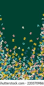 Falling letters of English language. Pastel flying words of Latin alphabet. Foreign languages study concept. Vibrant back to school banner on blackboard background.