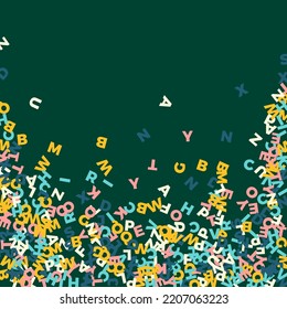 Falling letters of English language. Pastel flying words of Latin alphabet. Foreign languages study concept. Divine back to school banner on blackboard background.