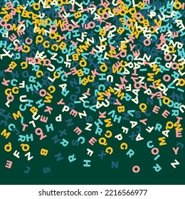 Falling letters of English language. Pastel flying words of Latin alphabet. Foreign languages study concept. Worthy back to school banner on blackboard background.