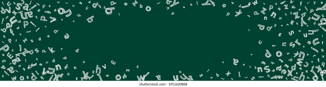 Falling letters of English language. Sketch chalk flying words of Latin alphabet. Foreign languages study concept. Amusing back to school banner on blackboard background.