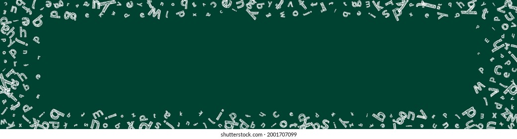 Falling letters of English language. Sketch chalk flying words of Latin alphabet. Foreign languages study concept. Nice back to school banner on blackboard background.