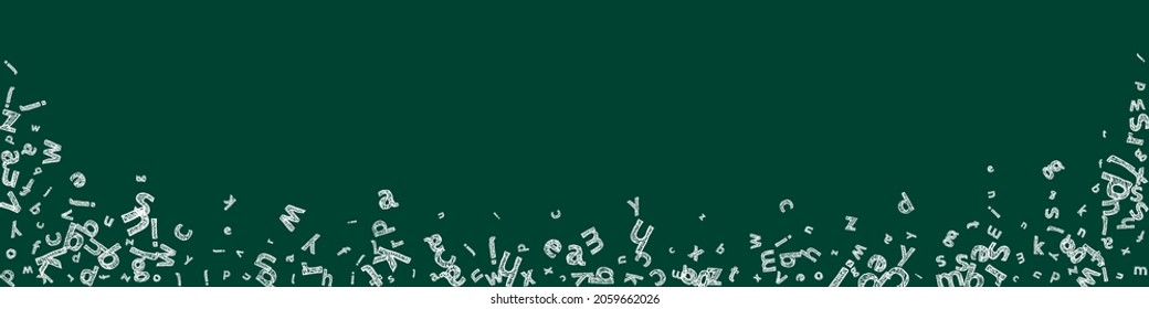 Falling letters of English language. Sketch chalk flying words of Latin alphabet. Foreign languages study concept. Classy back to school banner on blackboard background.