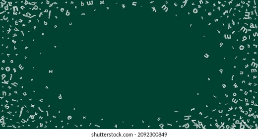 Falling letters of English language. Sketch chalk flying words of Latin alphabet. Foreign languages study concept. Great back to school banner on blackboard background.