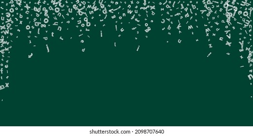 Falling letters of English language. Sketch chalk flying words of Latin alphabet. Foreign languages study concept. Trending back to school banner on blackboard background.