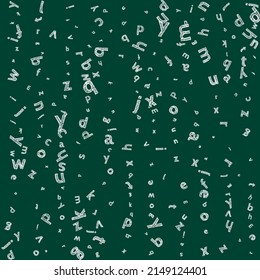 Falling letters of English language. Sketch chalk flying words of Latin alphabet. Foreign languages study concept. Neat back to school banner on blackboard background.