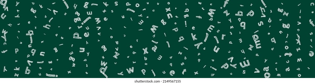 Falling letters of English language. Sketch chalk flying words of Latin alphabet. Foreign languages study concept. Authentic back to school banner on blackboard background.