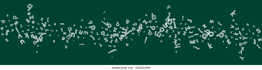 Falling letters of English language. Sketch chalk flying words of Latin alphabet. Foreign languages study concept. Ecstatic back to school banner on blackboard background.