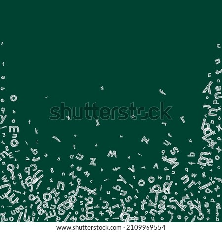 Falling letters of English language. Sketch chalk flying words of Latin alphabet. Foreign languages study concept. Dramatic back to school banner on blackboard background.