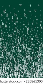 Fallende Briefe englischer Sprache. Weiße Kreide Buchstaben des lateinischen Alphabets. Fremdsprachen lernen Konzept. Zurück zu Schulbanner auf schwarzem Hintergrund.
