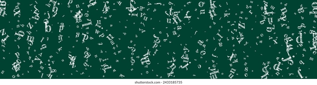 Falling letters of English language. White chalk  characters of Latin alphabet. Foreign languages study concept. Back to school banner on blackboard background.