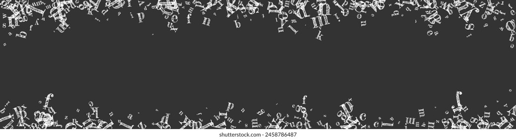 Falling letters of English language. White chalk  characters of Latin alphabet. Foreign languages study concept. Back to school banner on blackboard background.