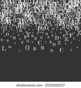 Letras descendentes da língua inglesa. Caracteres de giz branco do alfabeto latino. Conceito de estudo de línguas estrangeiras. De volta ao banner da escola no fundo do quadro negro.