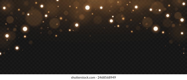 Falling lights bokeh with bright glares isolated on dark transparent background. Flare and glare. Light effect. Vector. EPS 10.