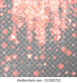 Falling of lights isolated on transparent . Christmas shining . Falling glitter light effect . Red snowfall. Red glitter transparent, Red christmas background falling star. Vector illustration. 