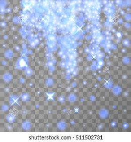 Falling of lights isolated on transparent . Christmas shining . Falling glitter light effect . Cyan snowfall. Blue glitter transparent, Blue christmas background falling star. Vector illustration. 