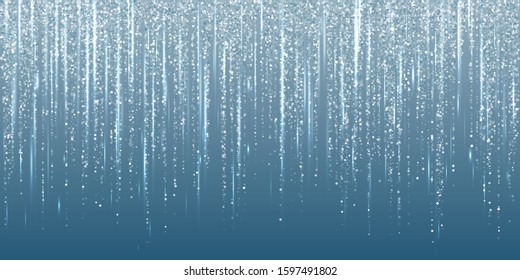 Falling in lines silver glitter confetti garlands dots rain. Sparkling glitter border, party tinsels shimmer, holiday lights background design, festive frame. Rich silver metallic garland lights.