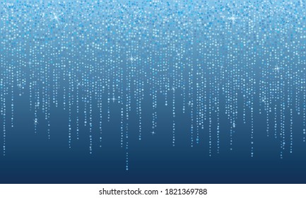 Falling in lines silver glitter confetti garlands dots rain. Abstract blue winter background with snowflakes and stars.