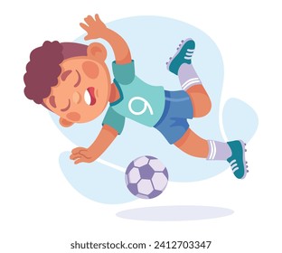 Falling Little Boy Character Slip on the Ground Playing Football Vector Illustration