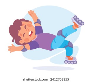 Falling Little Boy Character Slip on the Ground on Roller Skates Vector Illustration