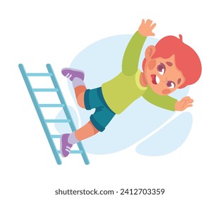 Falling Little Boy Character Slip on Stepladder Vector Illustration