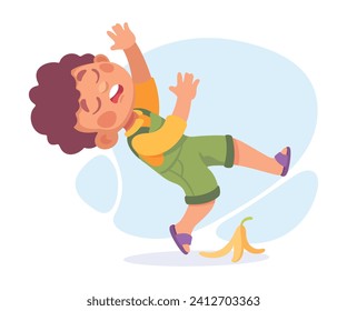 Falling Little Boy Character Slip on the Ground on Banana Peel Vector Illustration