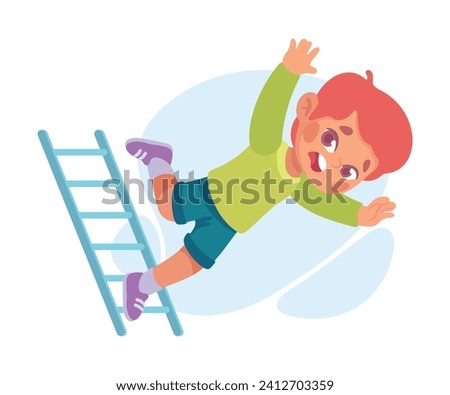 Falling Little Boy Character Slip on Stepladder Vector Illustration