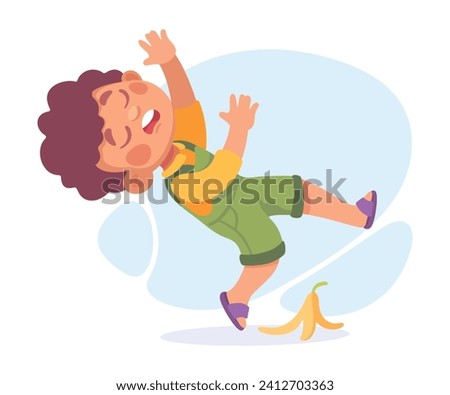 Falling Little Boy Character Slip on the Ground on Banana Peel Vector Illustration